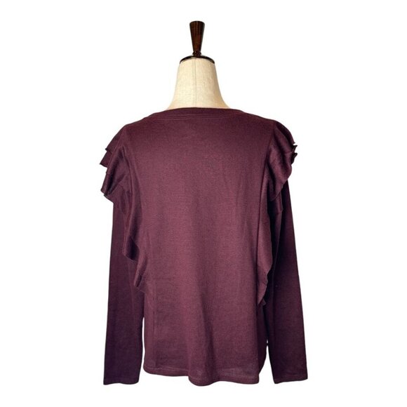 NYDJ Sweater Women Small Burgundy Knit Ruffle Front Crew Neck Pullover - Picture 2 of 11